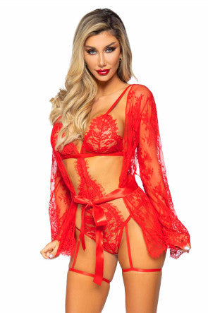 3pc Set - Teddy, Lace Robe & Ribbon Tie